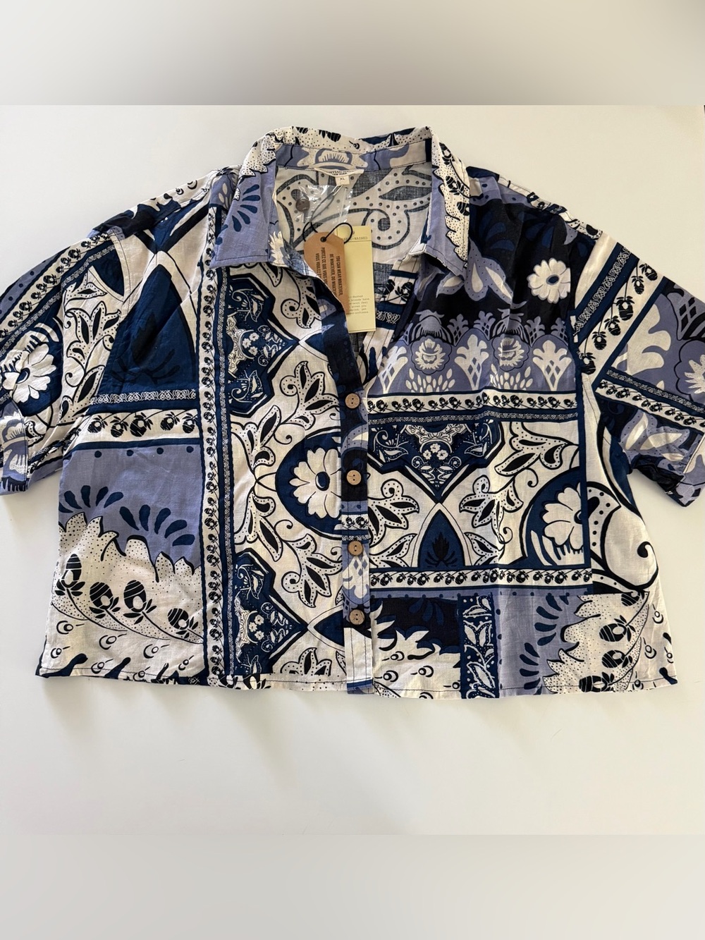 Christian Siriano Blue and White Patchwork Crop Shirt